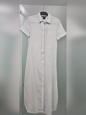 A|X Armani Exchange Light Blue and White Striped Maxi Shirt Dress